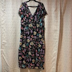 Black Multicolor Floral Midi Tea Dress